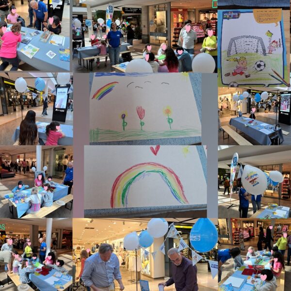 A collage of photos showing people, including children, drawing and coloring at tables decorated with balloons in a shopping mall, along with close-ups of colorful children’s drawings of rainbows, flowers, and a soccer scene.